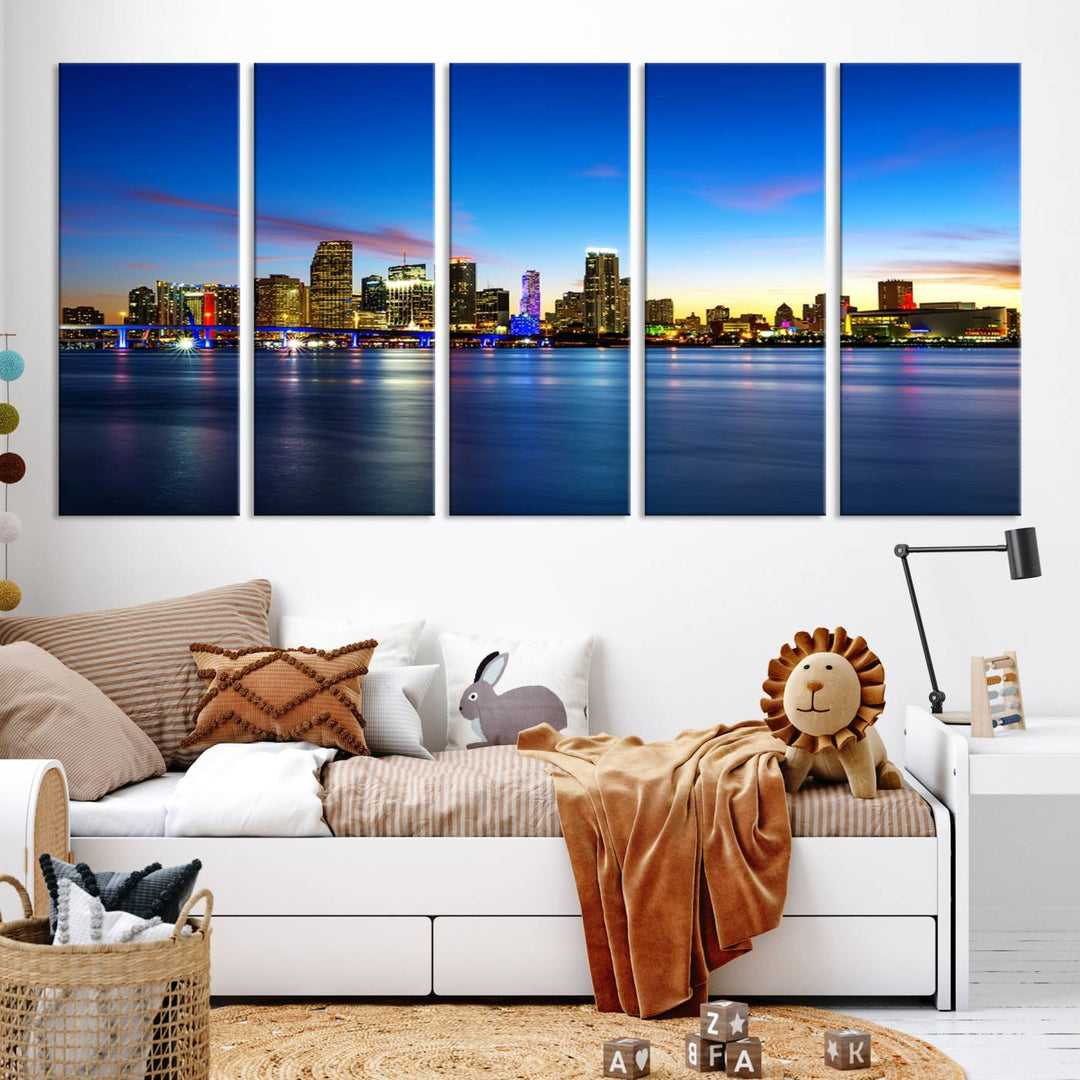 The living room features a Miami City Wall Art Canvas Print—a gallery-wrapped triptych displaying a city skyline at dusk, adding museum-quality elegance to the space.