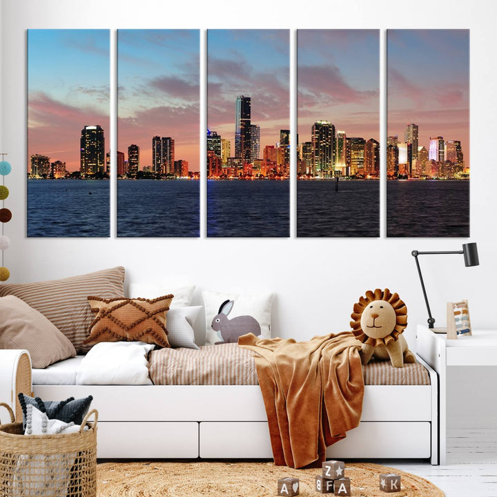 The Wall Art MIAMI Canvas Print emphasizes a vibrant cityscape at sunset. This artwork is presented on museum-quality canvas with gallery-wrapped edges, ensuring it stands out while maintaining its pristine condition for years to come.