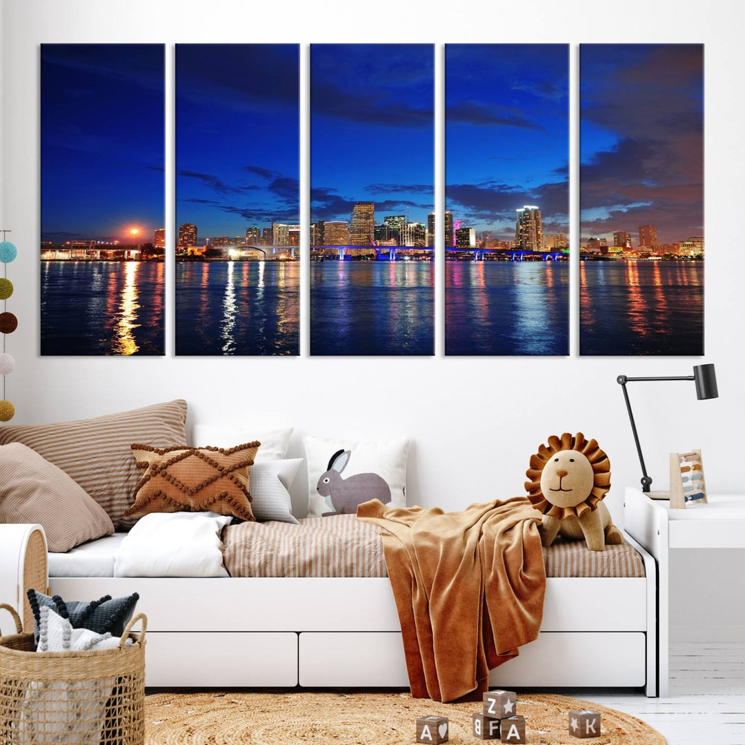 A large Miami City View Wall Art Canvas Print featuring the Miami City Skyline Panorama at night is displayed above the dresser.