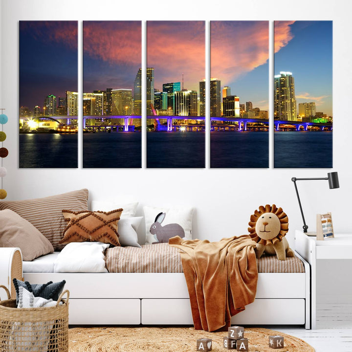 The modern living room is enhanced by the "Miami City Wall Art Canvas Print," a stunning triptych portraying a city skyline at sunset. These canvases are gallery wrapped and made from museum-quality materials, featuring a UV-protective coating to ensure lasting vibrancy.