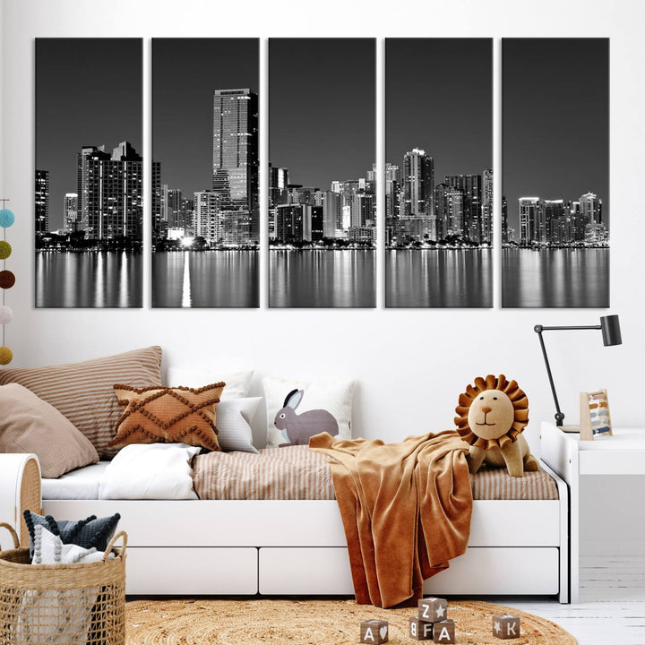 The Miami City Wall Art Canvas Print, a stunning triptych of the Miami skyline, elegantly hangs in this modern living room.