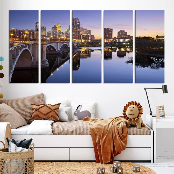 Display the Minneapolis Wall Art Canvas Print, featuring the Minnesota cityscape at dusk, on gallery-wrapped, museum-quality canvas.