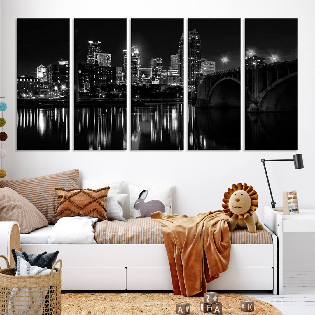 The "Minneapolis Wall Art Canvas Print, Minnesota City Wall Art Print, Minnesota Cityscapes Wall Art" features a black and white triptych of a city skyline with a bridge. Crafted on museum-quality canvas, this gallery-wrapped artwork is finished with a UV-protective coating to ensure lasting beauty.