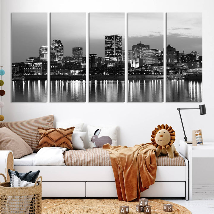 The "Montreal Canada City Wall Art," a black and white triptych of a city skyline at night, elegantly captures the reflections in water.