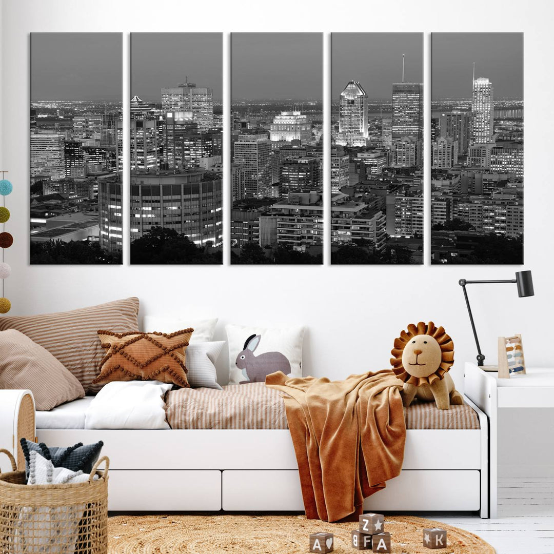 The gallery-wrapped, museum-quality canvas print features the Montreal Canada City Wall Art, showcasing a cityscape at night in black and white.