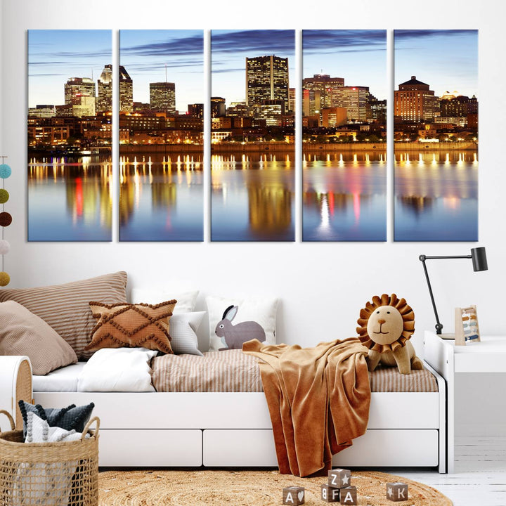 A Montreal Canada City Wall Art Canvas Print, depicting the cityscape at dusk and reflecting in calm waters, is crafted with museum-quality canvases and a UV-protective coating. This remarkable piece guarantees vibrant colors that remain stunning and ready to hang for years to come.