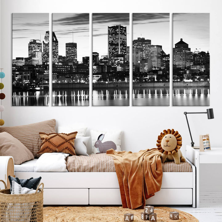 The contemporary living room features the Montreal Canada City Wall Art Canvas Print, an elegantly gallery-wrapped triptych on museum-quality canvas, prominently hung above.