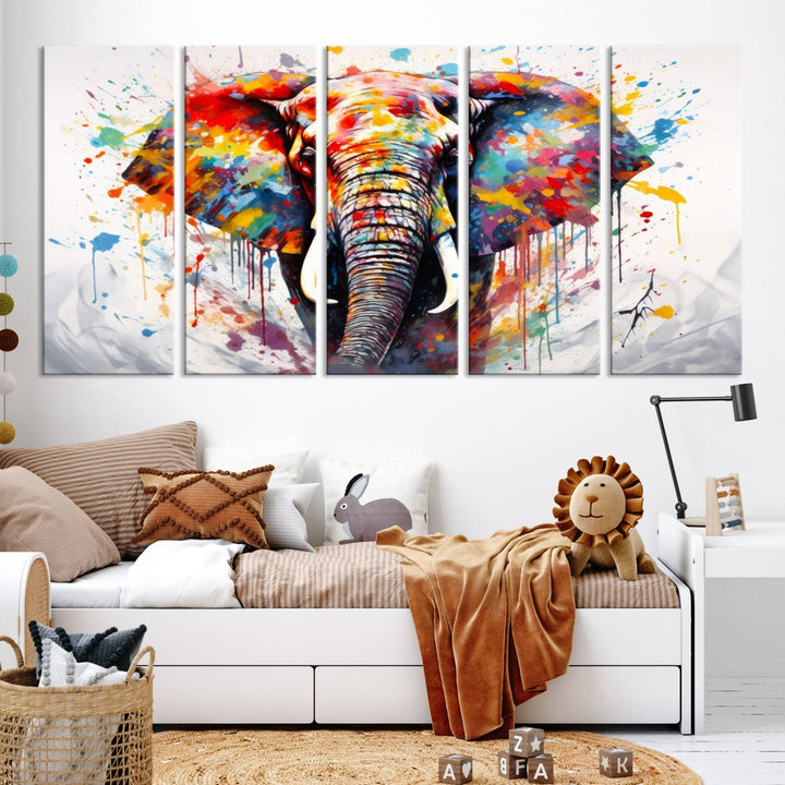 Impresión en lienzo de arte abstracto de pared de elefante de acuarela para decoración moderna del hogar, oficina, sala de estar y comedor