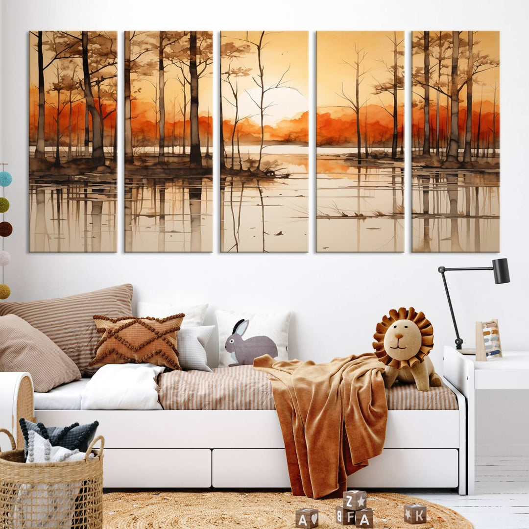 An Abstract Watercolor Trees and Sunset on Lake Wall Art Canvas Print, created on museum-quality canvas.