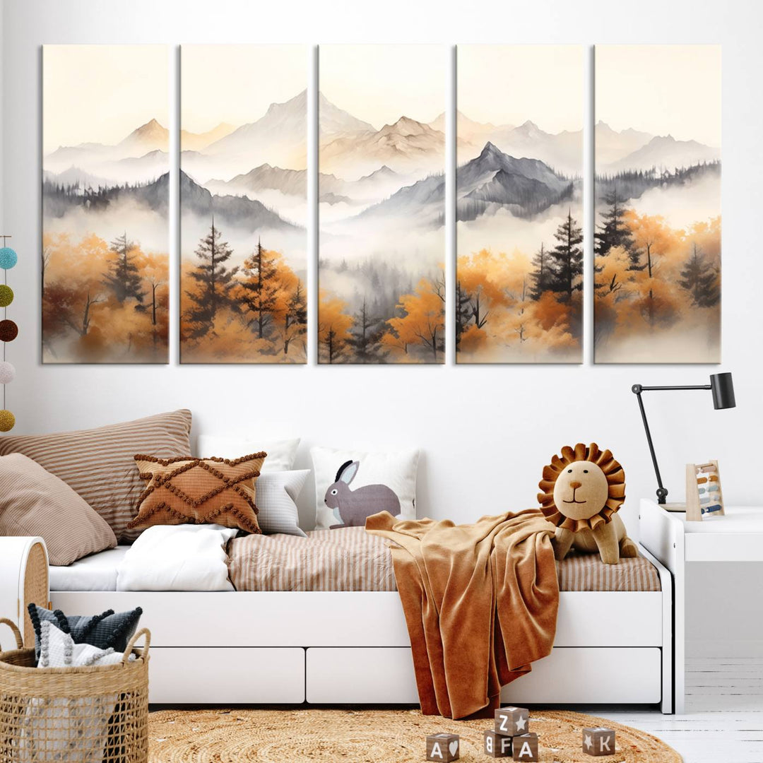 Art mural abstrait aquarelle montagnes et arbres automne