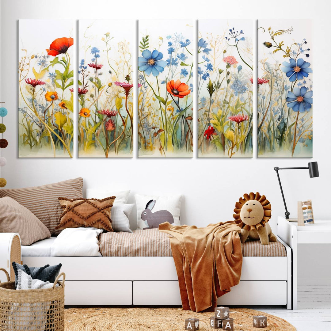 The Colorful Wildflower Canvas Wall Art – Vibrant Floral Botanical Print, consisting of a large 3 panel set, adds bright nature decor to the living room against a black wall.