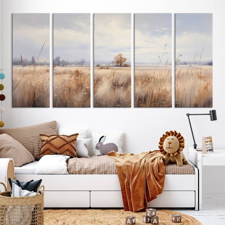 The modern living room features the Golden Fields Canvas Wall Art Print – Serene Landscape of Nature’s Tranquility in Minimalist for Farmhouse Decor, showcasing serene golden fields that enhance the calming ambiance.