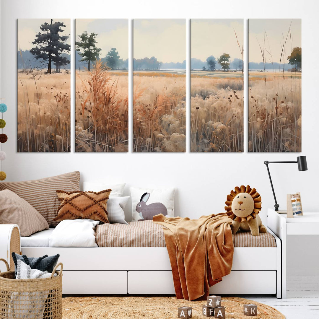 The Golden Fields Canvas Wall Art Print, a serene depiction of nature's tranquility in minimalist modern decor style, graces the wall with its calming presence.