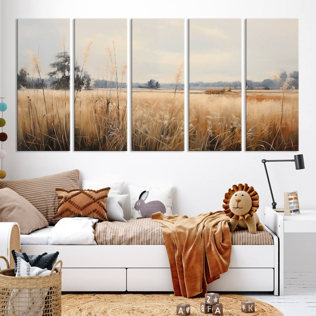 A Wildflower Field Landscape Oil Painting, showcasing a vintage art print of a serene field with tall grasses and distant trees, is beautifully presented on museum-quality canvases with gallery-wrapped edges.