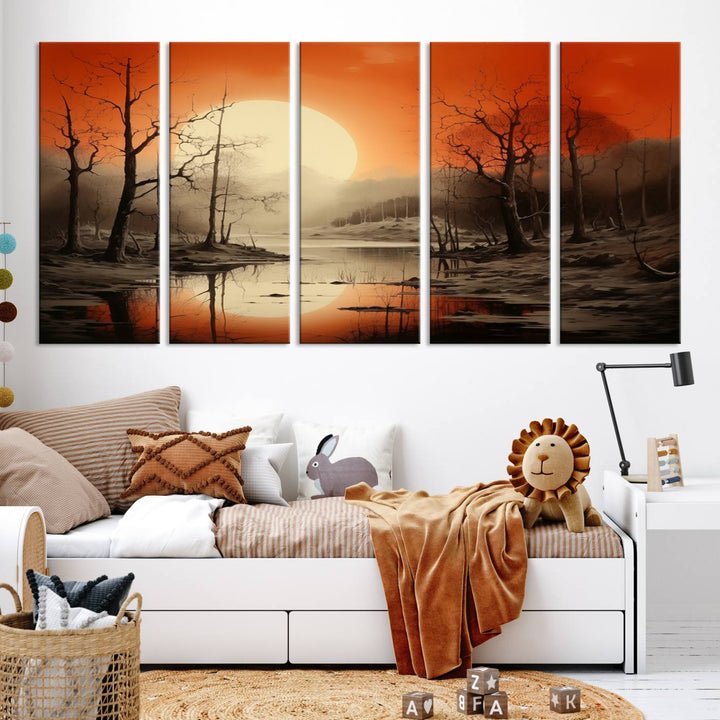 The "Abstract Watercolor Trees and Sunset on Lake Wall Art" is a triptych masterpiece, showcasing an orange-hued landscape of barren trees and a large sun. Displayed on museum-quality canvases with UV-protective coating, it creates a striking visual element in any space.