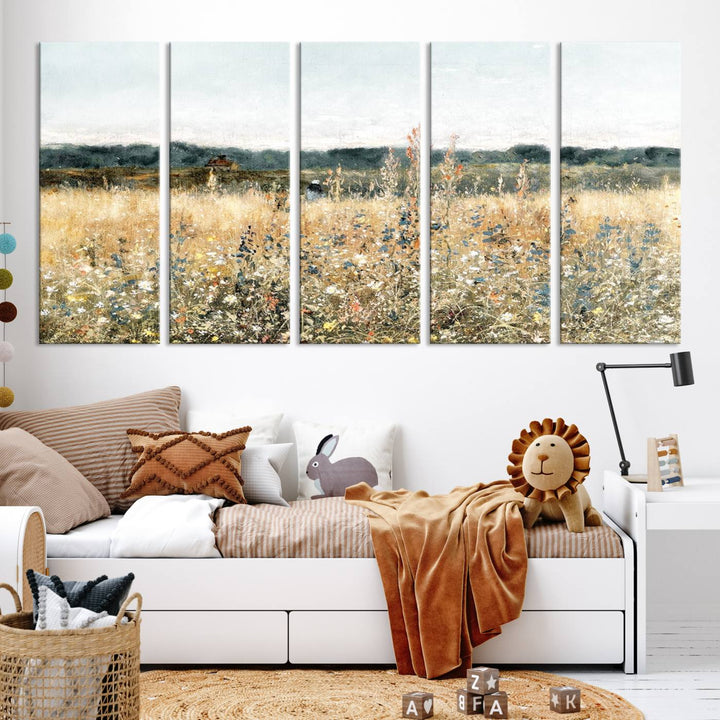 The "Wildflower Field Wall Art Canvas" brings rustic charm to the room with its nature-inspired landscape print, making it a perfect addition to the living room or office.