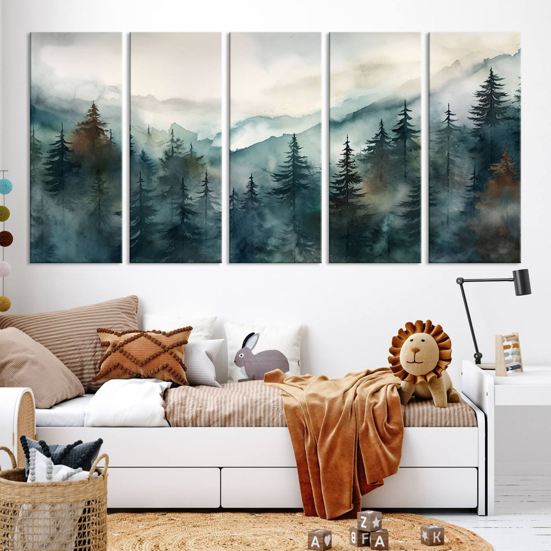 A set of Serenity Forest Wall Art Canvas prints, showcasing foggy mountain landscapes, is displayed in the living room.