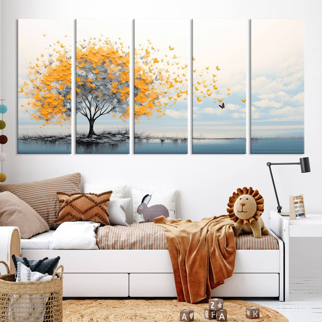 A Butterfly Tree Wall Art Canvas, featuring a modern tree adorned with yellow butterflies, decorates the wall.