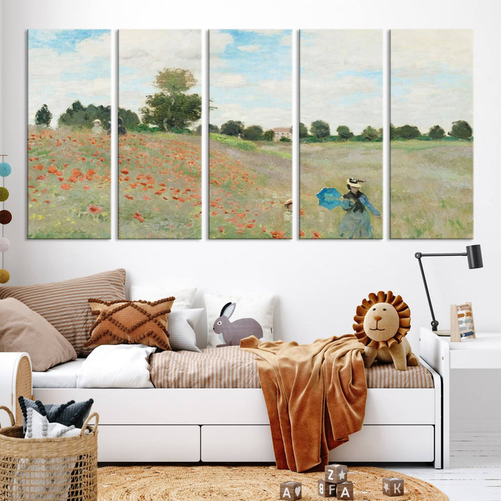 The Claude Monet The Poppy Field Canvas Print features a scene of a serene meadow with blooming flowers and a woman and child. It is printed on museum-quality canvas with UV-protective coating.