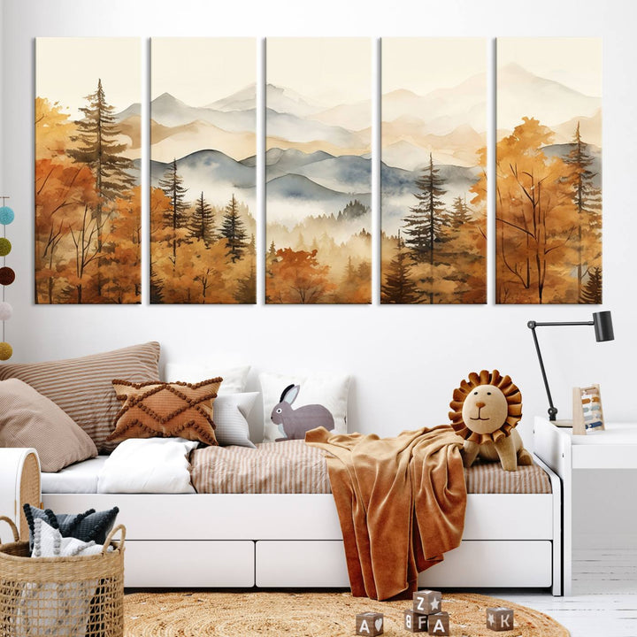 Abstract Mountain Mist Canvas Wall Art – Tranquil Autumn Forest and Misty Peaks - Ready to Hang