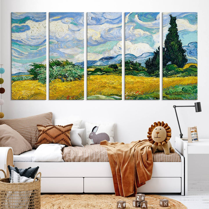 A contemporary living room features a large triptych of "Wheatfield With Cypresses By Van Gogh Painting Wall Art Canvas Print." Crafted on museum-quality canvas, this artwork brings a sense of elegance and craftsmanship reminiscent of professional artistry.