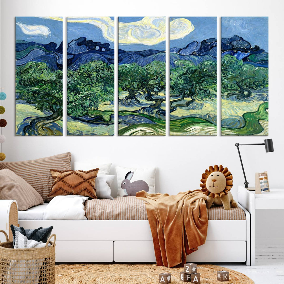 The Olive Trees Van Gogh Wall Art Canvas Print enhances the living room with its vivid landscape on museum-quality canvas, complete with a UV-protective coating.