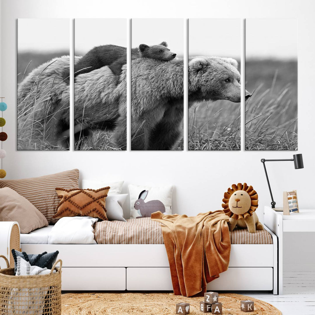 Baby Bear and Mom Bear Family Black & White Canvas Print Wall Art Canvas