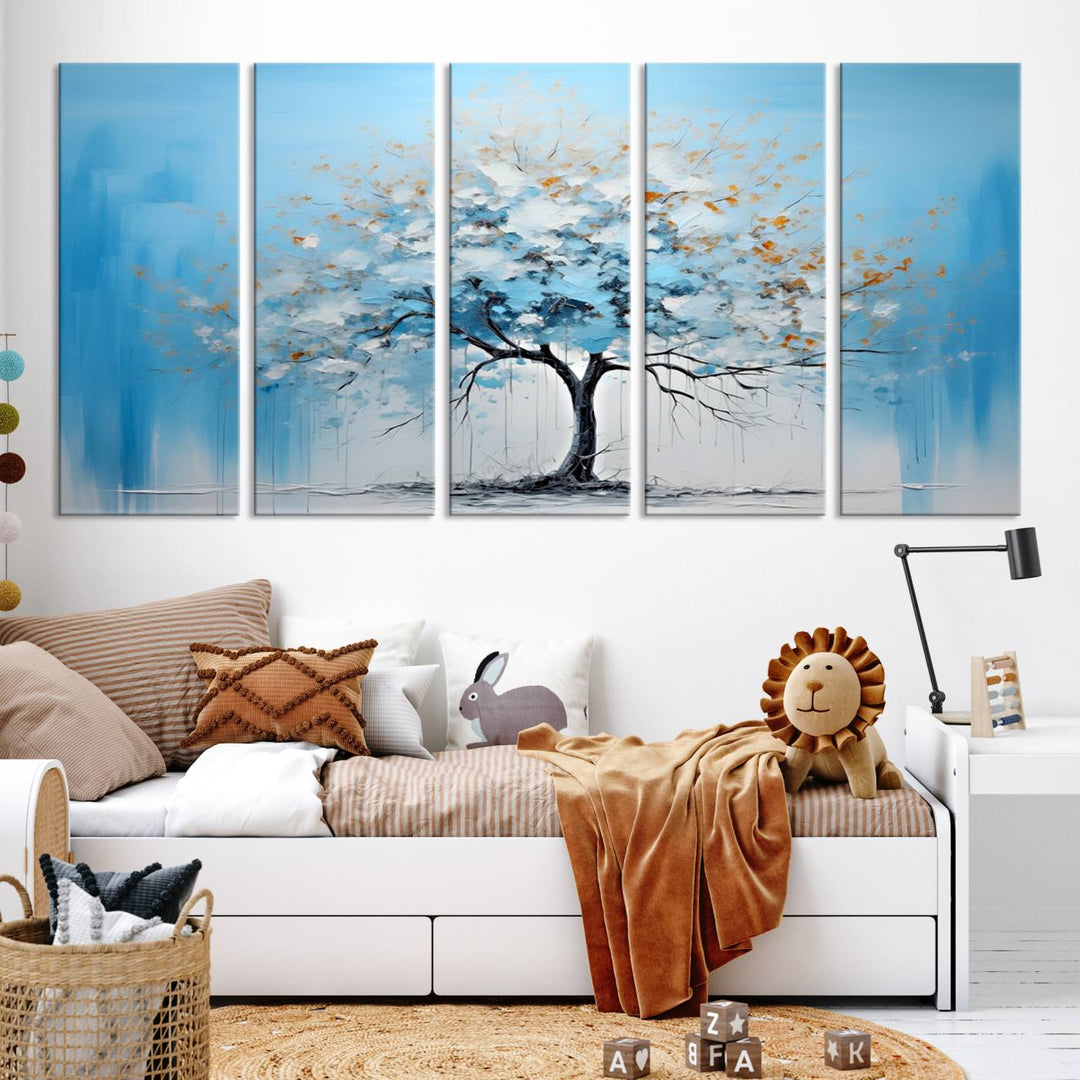 Modern living room featuring the Large Blue Abstract Tree Wall Art Canvas Printing. Enjoy the elegance with free shipping.