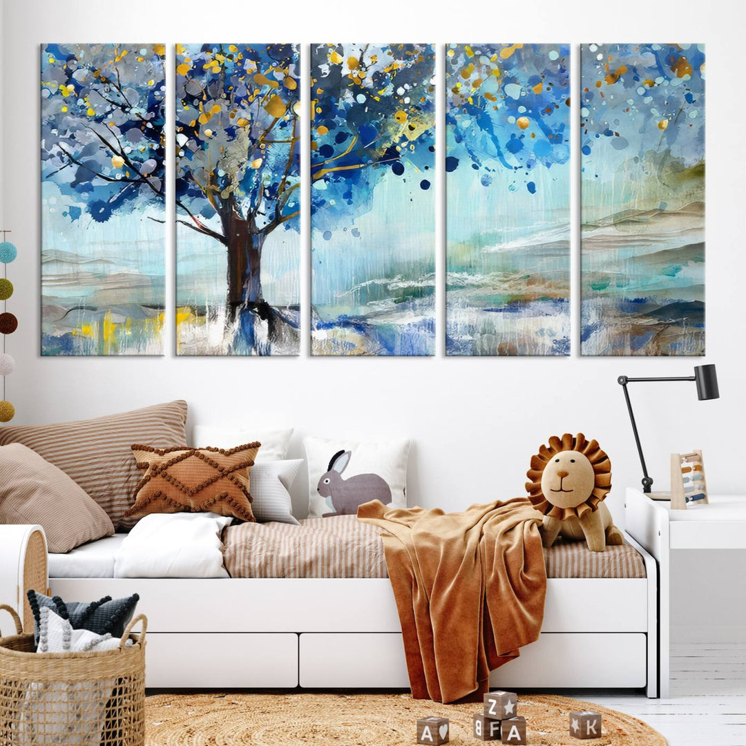 A modern living room features a three-panel Watercolor Style Abstract Tree Printing Wall Art Canvas in vibrant blue and yellow, crafted on museum-quality material.