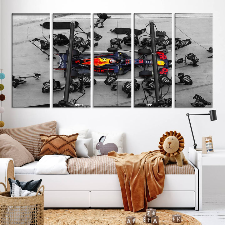 The RedBull Formula 1 Canvas Wall Art Print, a set of three gallery-quality pieces, elegantly adorns the wall.