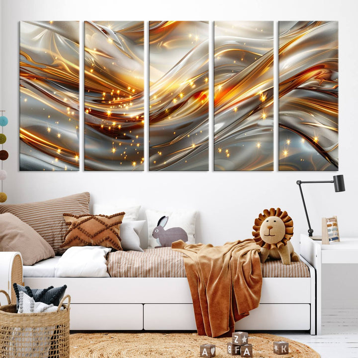 The Elegant Modern Gold Abstract Wall Art - Premium Framed Canvas Print for Home & Office Decor showcases a captivating triptych with swirling metallic designs and golden sparkles, perfectly enhancing contemporary interiors.