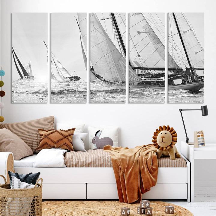 Impresión de velero Yacht Regatta lienzo pared arte Yate decoración de la pared Seascape Art Sailing Ship Negro Blanco extra grande arte de la pared Sailing Regatta