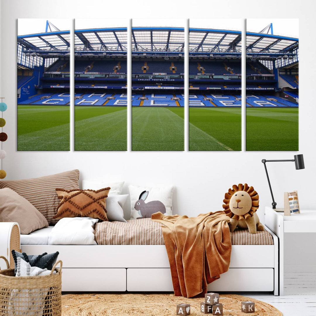 The Chelsea FC Soccer Team Print - Stamford Bridge Stadium Wall Art Canvas Print hangs elegantly, bringing the thrill of the game into your living room.