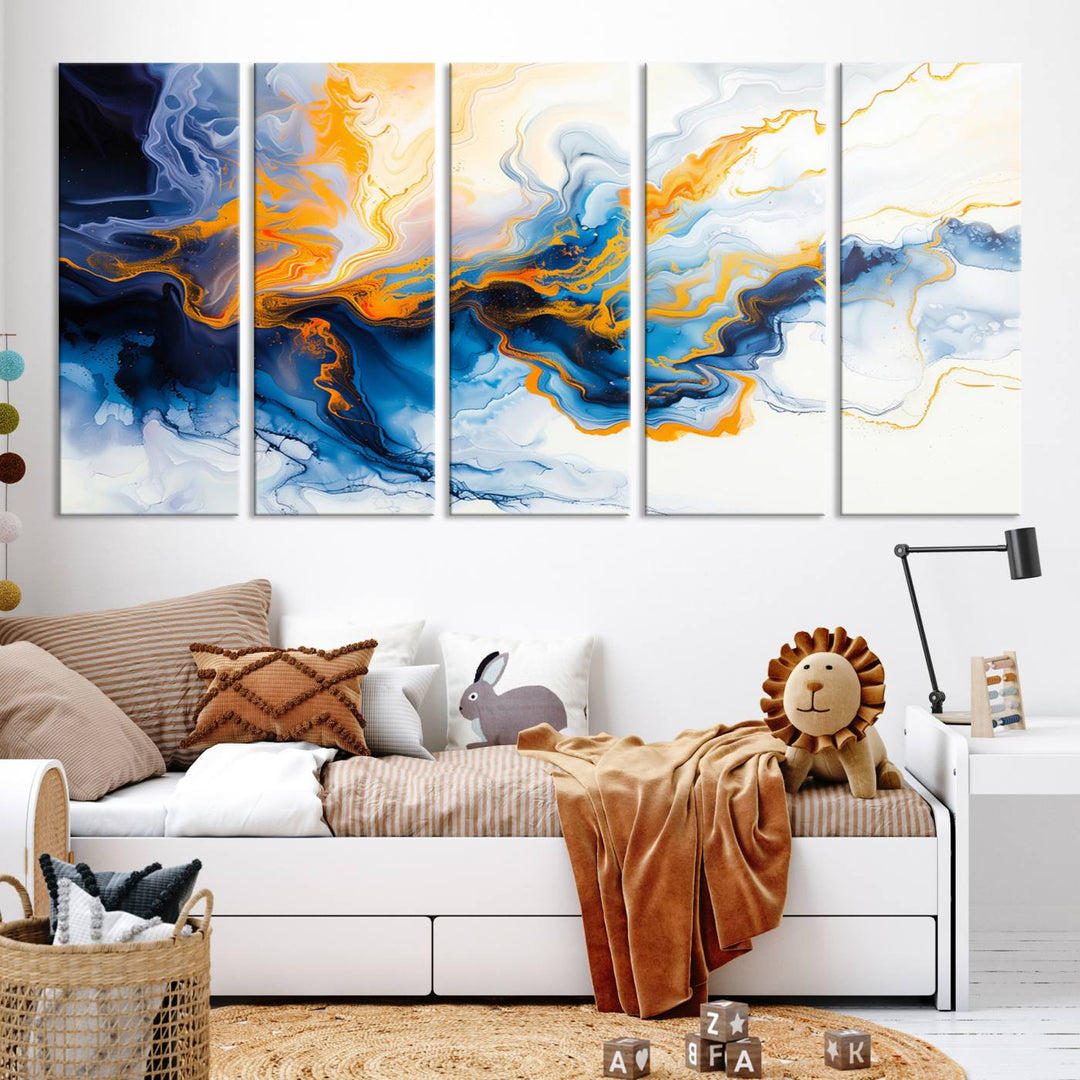 A stunning Fluid Alcohol Ink Wall Art with Gold Wall Art Canvas Print, featuring vibrant blue, orange, and white swirls, adorns the wall. This gallery-quality finish adds an exquisite touch to any living space.