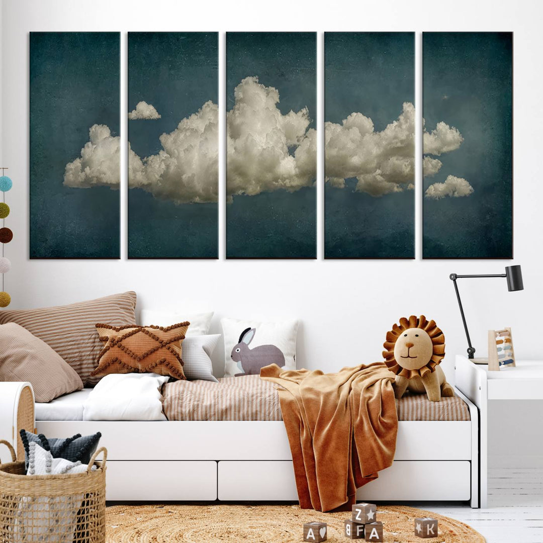 The Vintage Green Clouds Wall Art Canvas Print, set against a teal backdrop, showcases breathtaking canvas artwork with a gallery-quality finish.