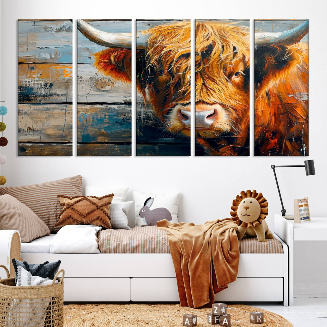 The Highland Cow Abstract Canvas Wall Art, a bold piece of farmhouse rustic decor, adds charm to the modern living room.