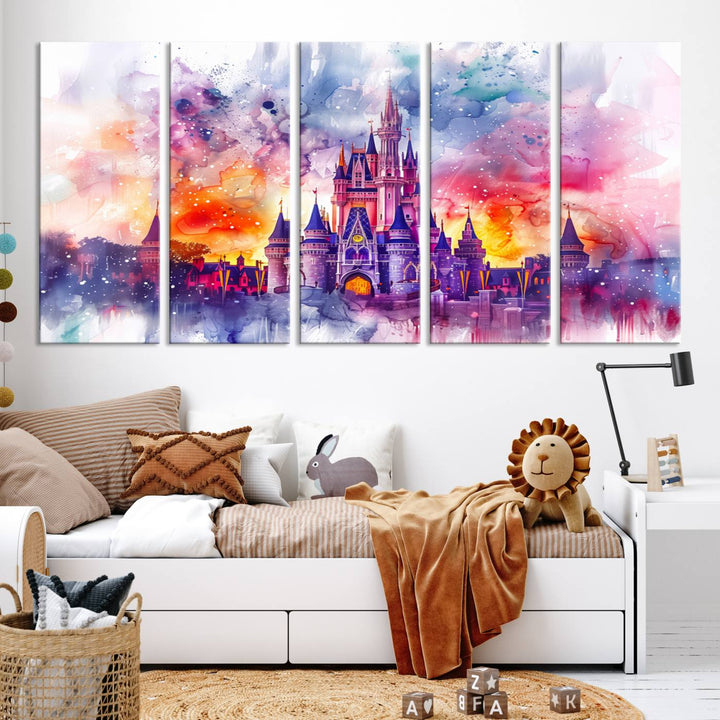 A vibrant piece of wall art depicting the Cinderella Castle from Disneyland, presented as a watercolor painting on premium canvas, is displayed.