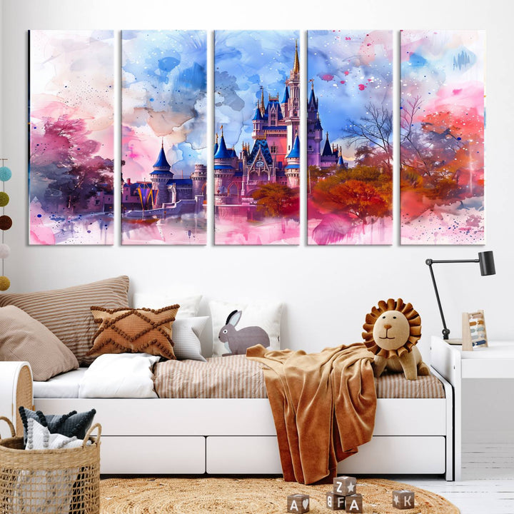 The Disney Wall Art: Dreamy Watercolor Cinderella Castle Canvas Print features a fairy-tale castle with vibrant pink, blue, and purple hues. Expertly handmade in the USA, this premium canvas wall art adds a touch of enchantment to any room.