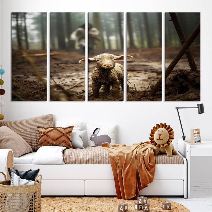 Jesus Running After a Lost Lamb Canvas Wall Art Print