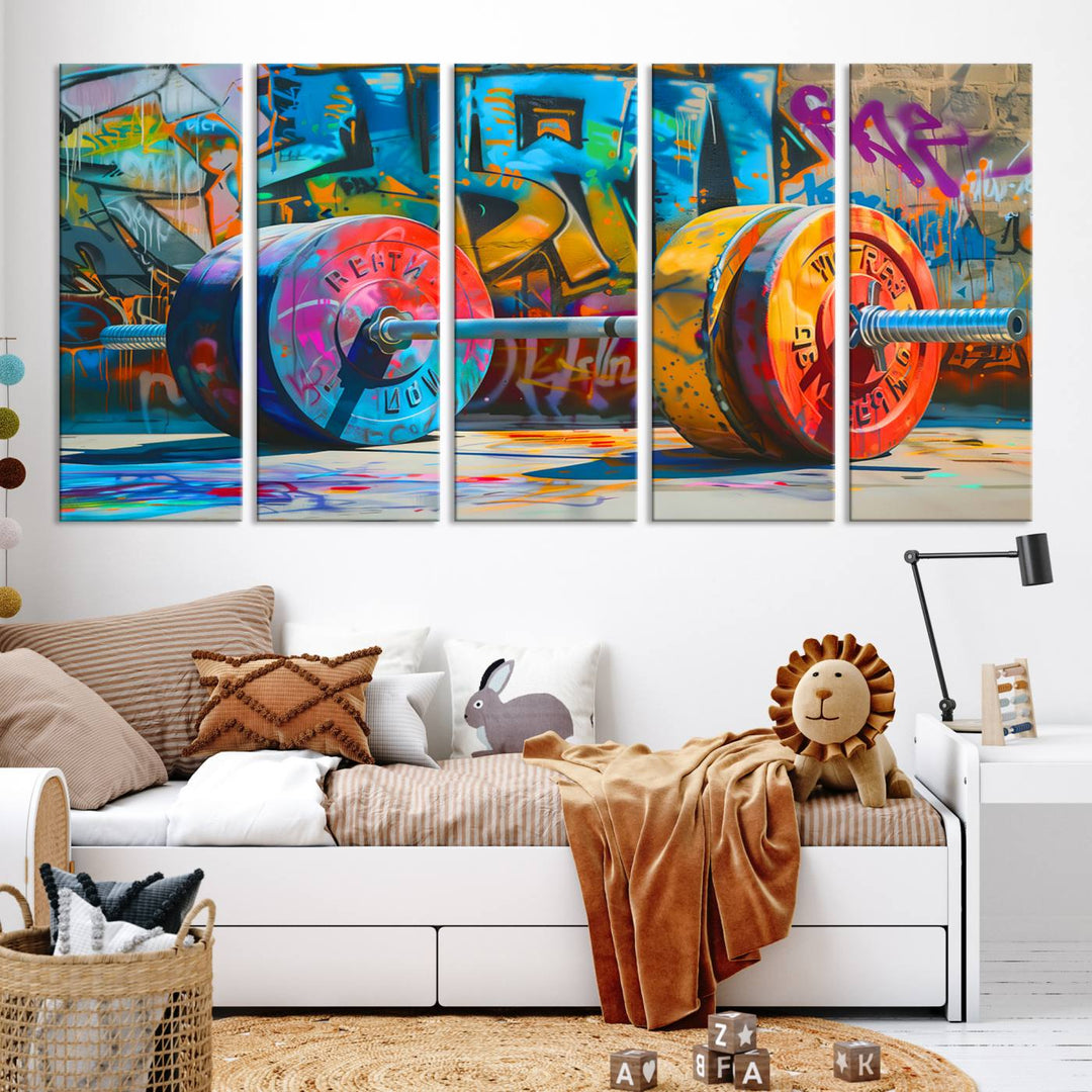 The Fitness Gym Barbell Graffiti Wall Art Canvas Print, a vibrant triptych featuring a barbell against a graffiti backdrop, elegantly hangs in the room. Crafted on premium canvas with a gallery-quality finish, this stunning piece of wall art effortlessly combines urban flair with sophisticated decor.