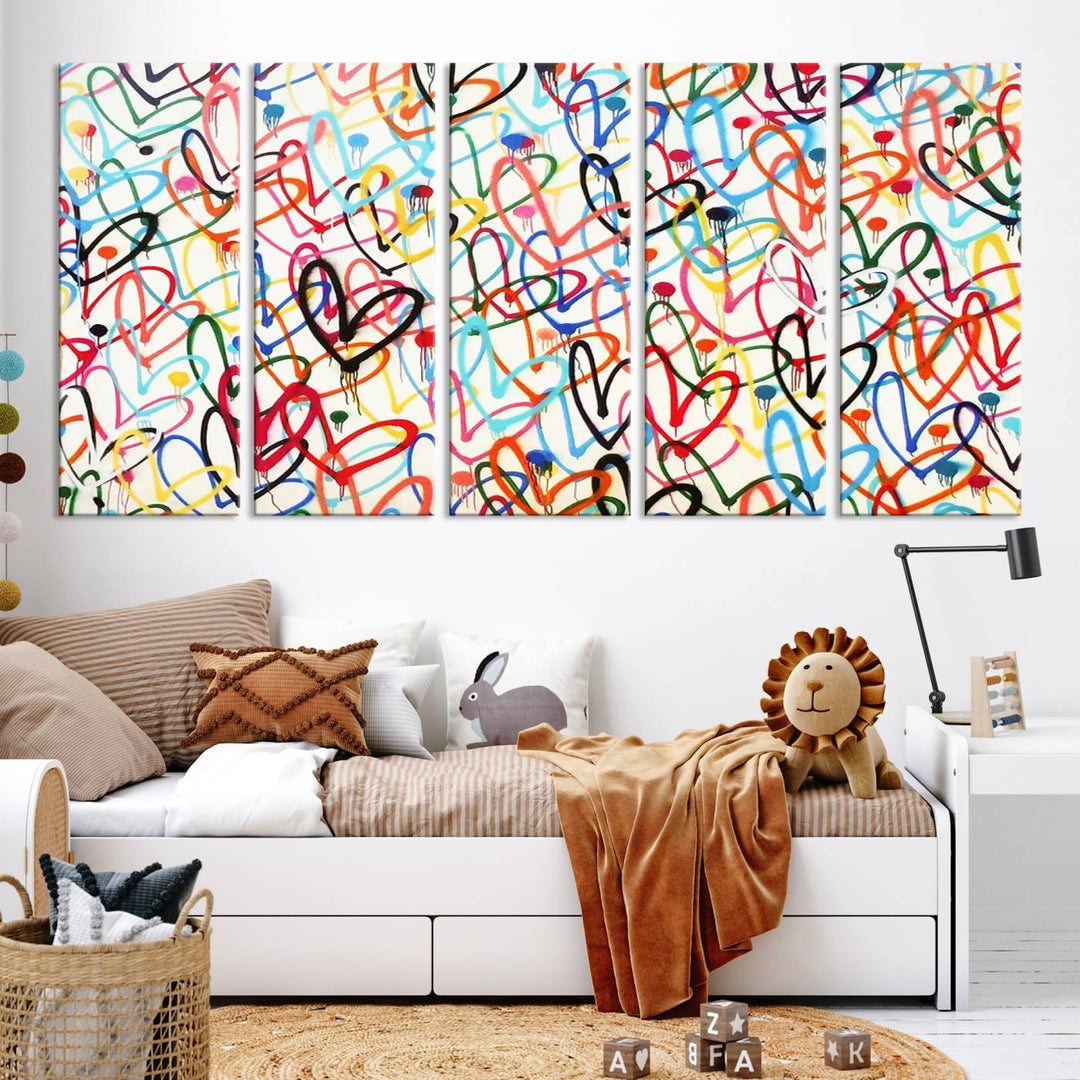 The "Colorful Love Canvas print," featuring vibrant abstract street art with overlapping loops, is handmade in the USA.