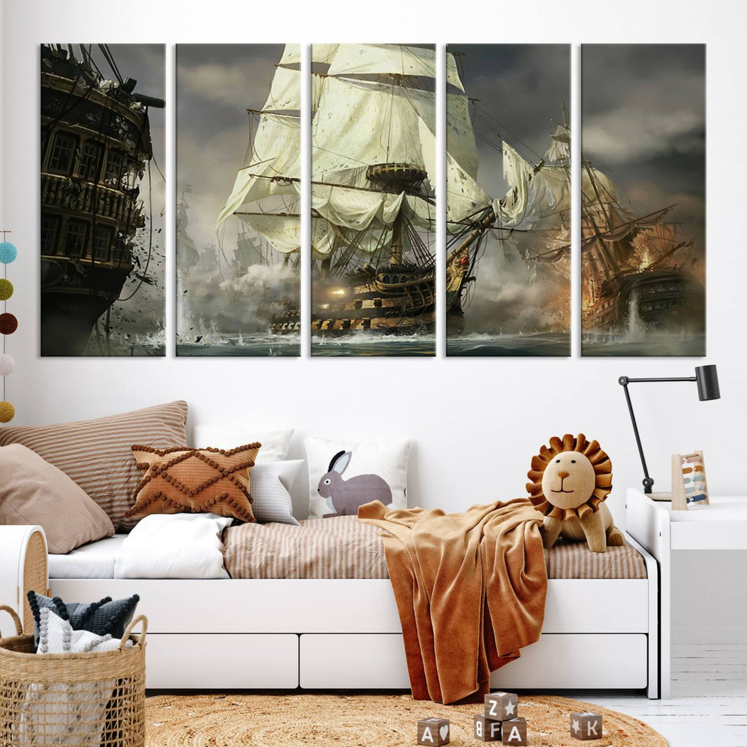 The Pirate Ship War Wall Art Canvas Print, featuring a stunning three-panel depiction of an intense sea battle with tall ships, boasts a gallery-quality finish that adds an elegant touch to its display.