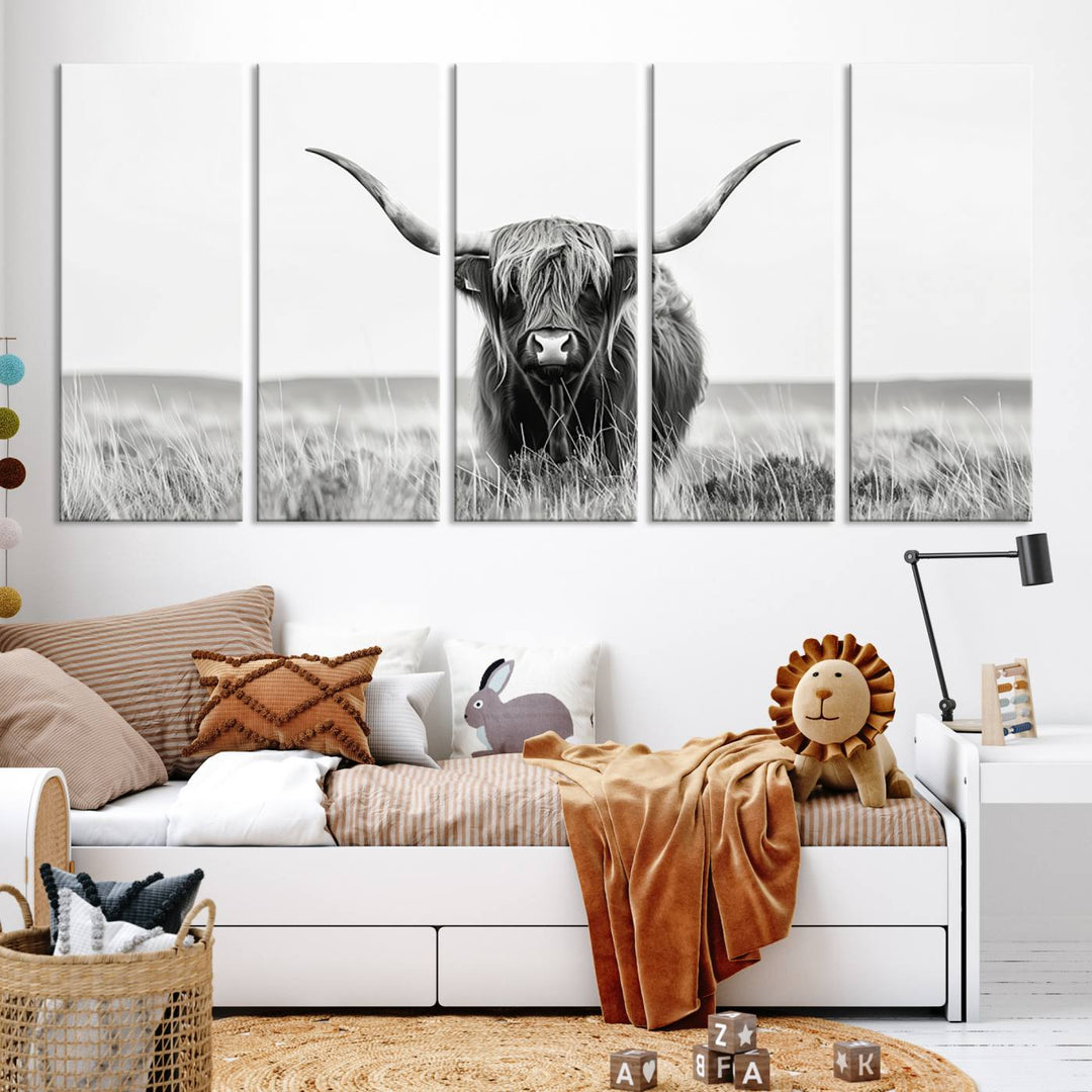 The living room is enhanced by a stunning three-panel Longhorn Wall Art Canvas Print. This museum-quality piece of Texas Longhorn Art comes on a gallery-wrapped canvas with a UV-protective coating to keep it vibrant under everyday light exposure.