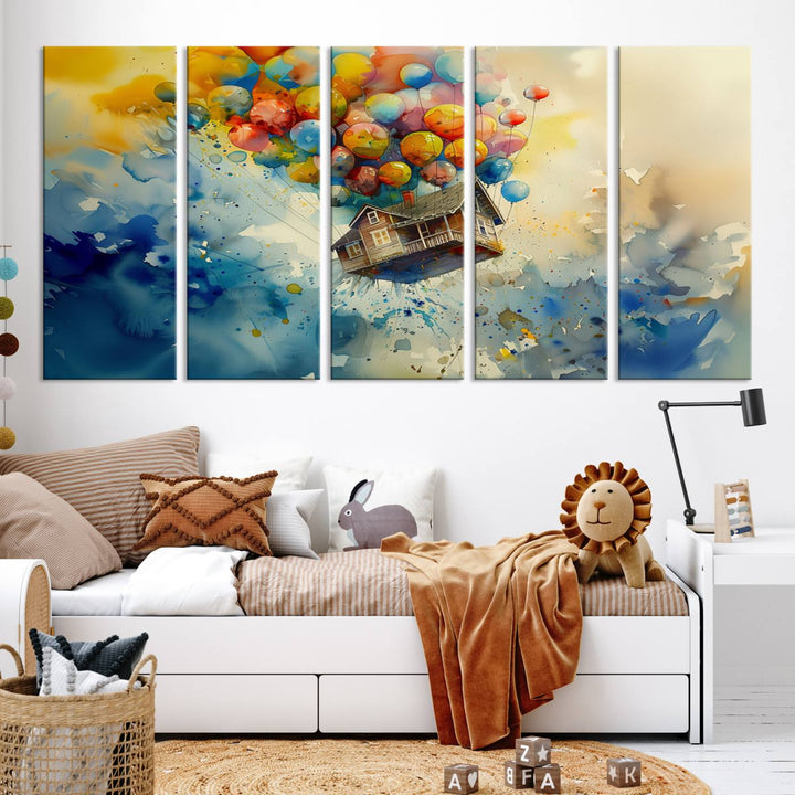 The Cartoon Movie Wall Art Canvas Print, featuring a vibrant house lifted by balloons and split across three panels, serves as captivating wall art. Handmade in the USA, it adds charm and whimsy to any space.