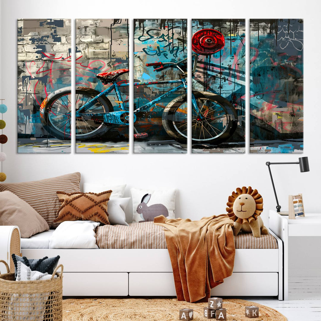 A modern living room features a triptych wall art of an abstract bicycle, designed in a graffiti style on a brick wall. This piece is expertly crafted on the Abstract Bicycle Wall Art Canvas Print, offering a premium canvas that ensures a gallery-quality finish.