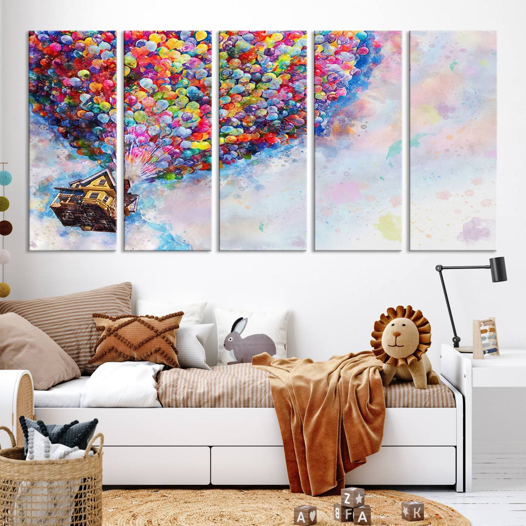 The "Watercolor Cartoon Movie Balloons Canvas Print" is showcased, depicting a whimsical house being lifted by colorful balloons. This triptych wall art is crafted on museum-quality canvases with a UV-protective coating to maintain its vibrant colors, making it ready to hang in any room.