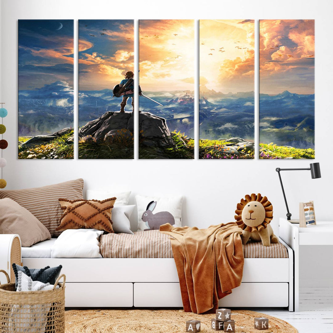 The Legend of Zelda Breath of the Wild Game Wall Art Canvas Print showcases a fantasy landscape with a character on a cliff, all rendered in gallery-quality finish on premium canvas.