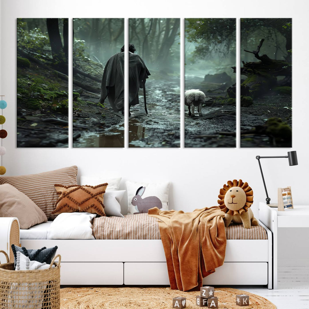 The "Forest Jesus Shepherd Canvas Wall Art" features a person with a cane, clothed in a cloak, walking beside a sheep through a misty forest. This piece captures tranquility and is ideal for adding serenity to your living room, office, or bedroom decor.