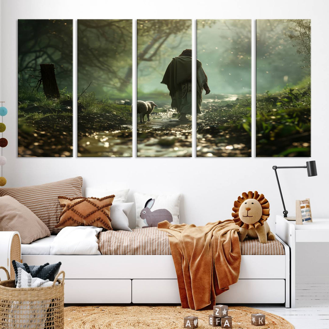 The wall art piece, titled "Jesus Shepherd a Lost Lamb Canvas Wall Art Print," is suspended on the wall and depicts a robed figure and a lamb wandering along a forest path.