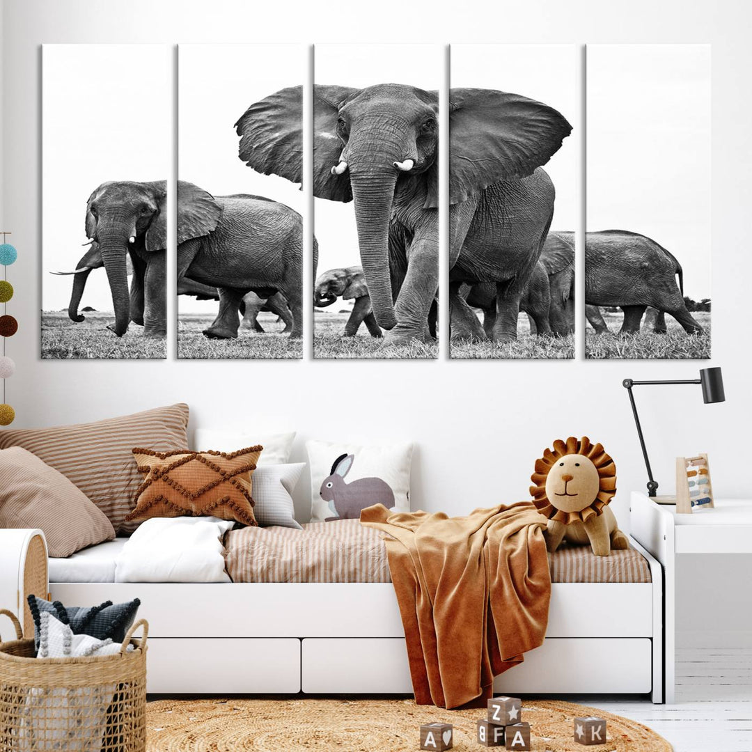 The Black White Elephant Family Wall Art Canvas Print features a triptych of elephants walking in the wild, crafted as gallery-quality wall art on premium canvas.